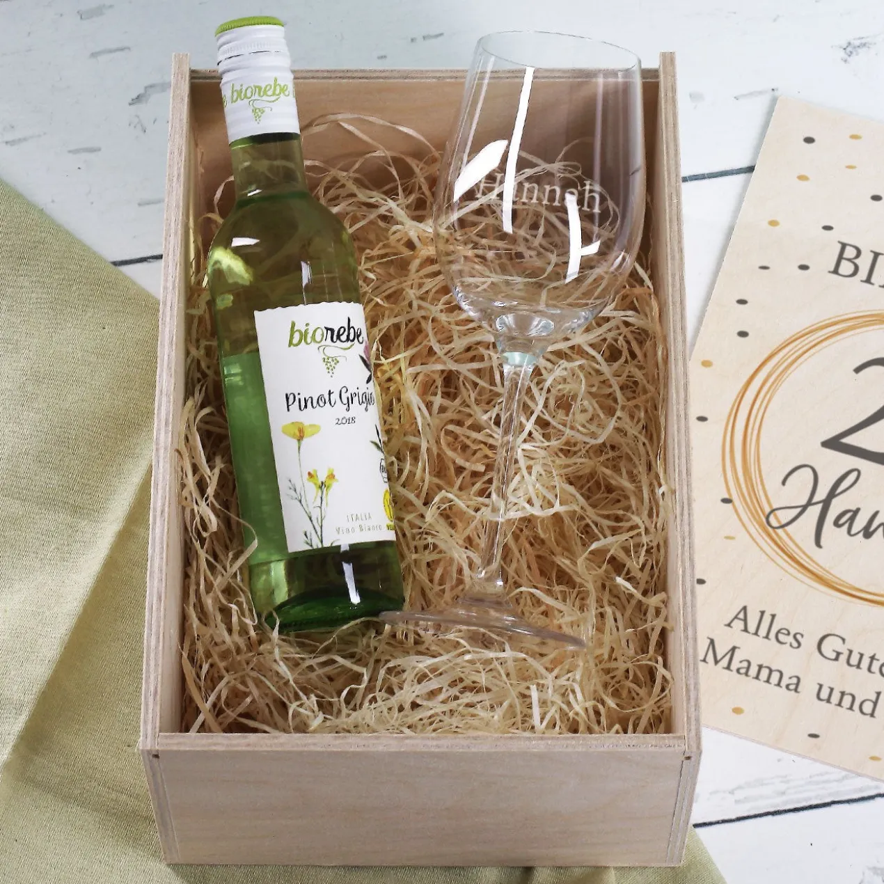 Geburtstagsset mit graviertem Glas, Wein und bedruckter Box