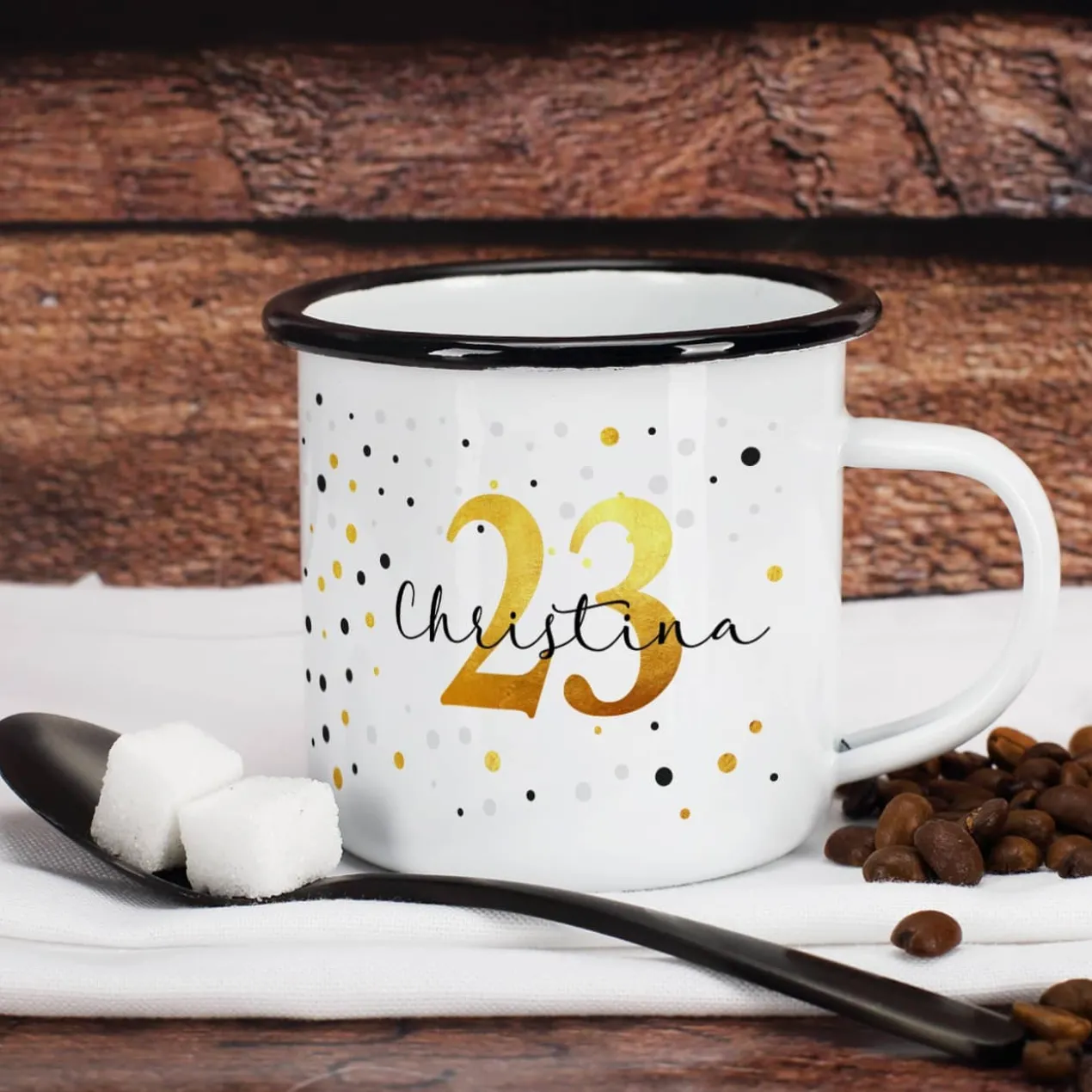 Geburtstagstasse aus Emaille mit Alter und Name bedruckt