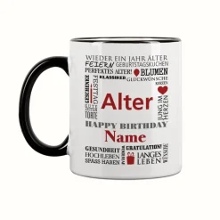 Geburtstagstasse mit guten Wünschen, Name, Alter und Glückwunschtext