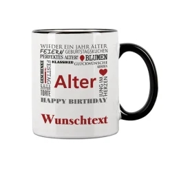 Geburtstagstasse mit guten Wünschen, Name, Alter und Glückwunschtext