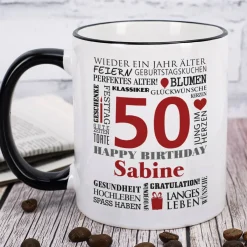 Geburtstagstasse mit guten Wünschen, Name, Alter und Glückwunschtext