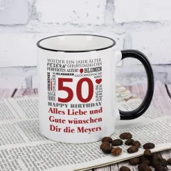 Geburtstagstasse mit guten Wünschen, Name, Alter und Glückwunschtext