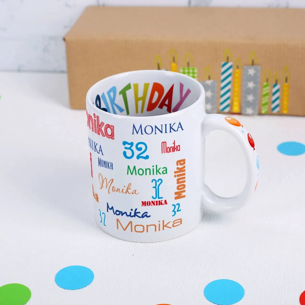 Geburtstagstasse mit Name, Alter und Geburtstagsmotiv innen