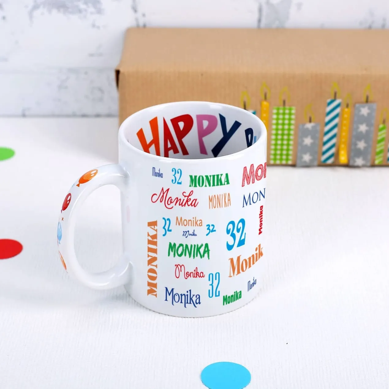 Geburtstagstasse mit Name, Alter und Geburtstagsmotiv innen