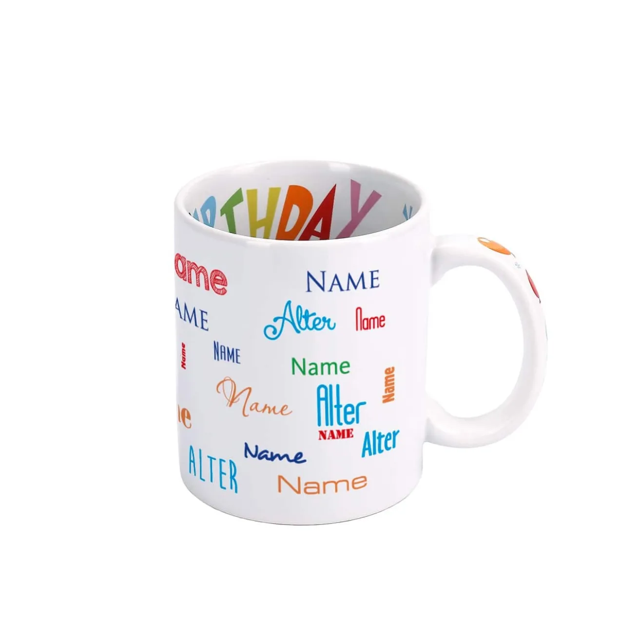 Geburtstagstasse mit Name, Alter und Geburtstagsmotiv innen