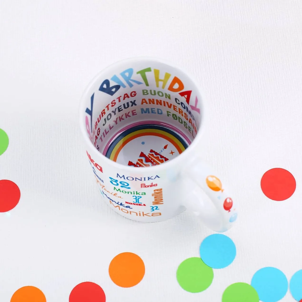 Geburtstagstasse mit Name, Alter und Geburtstagsmotiv innen