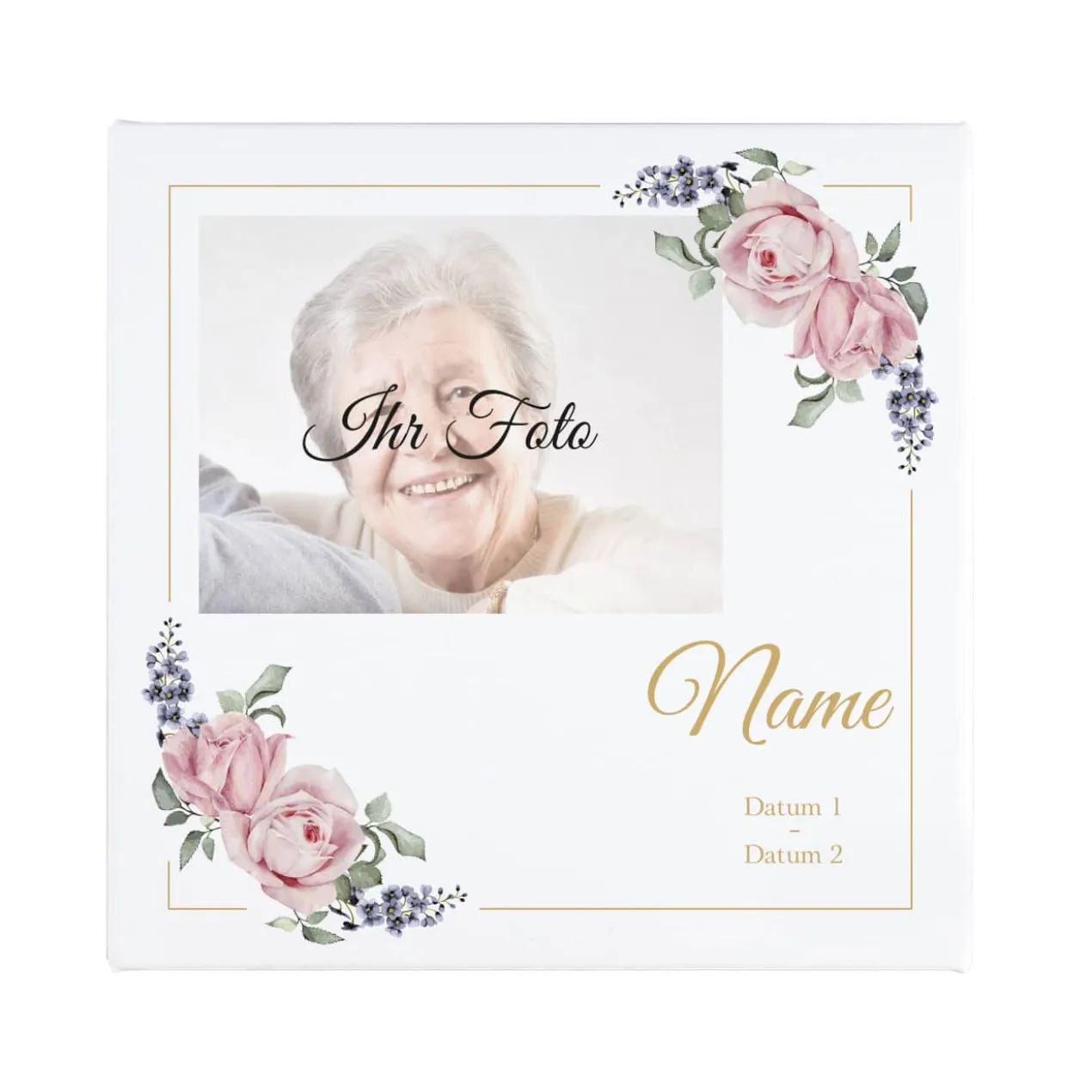 Gedenkleinwand mit Foto, Rosen, Name und Datum - 20 x 20