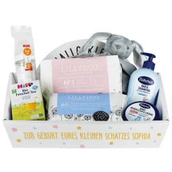 Gefüllter Geschenkkorb zur Geburt - ein rundum perfektes Geschenk