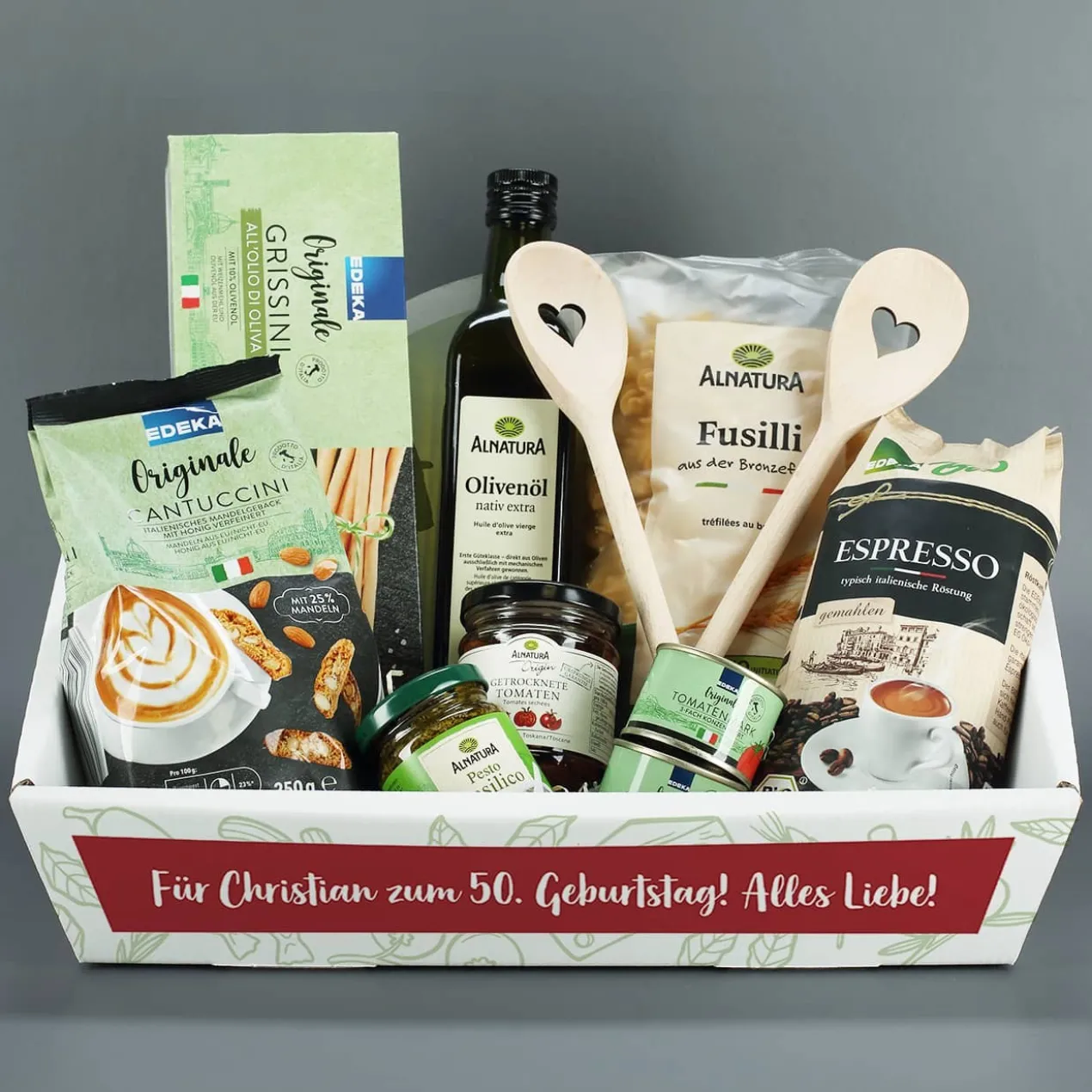 Gefüllter Präsentkorb - Alles Gute - mit italienischen Delikatessen