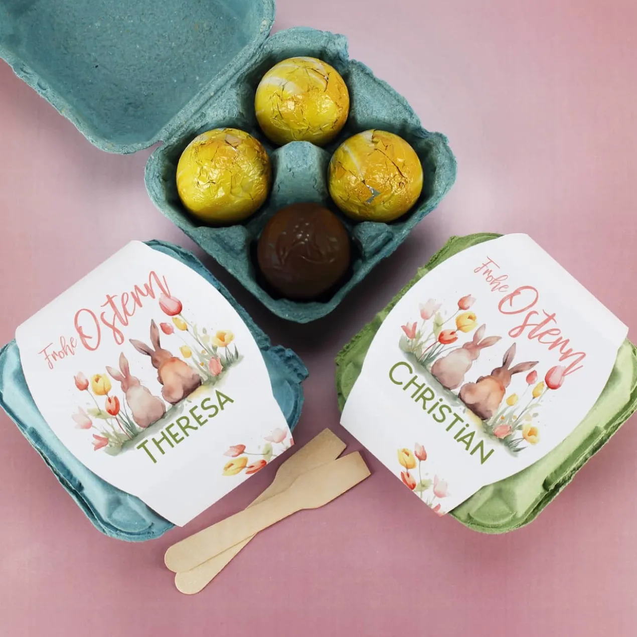 Gefüllte Schokoeier zu Ostern - mit Ihrem Wunschnamen | 4 Löffeleier