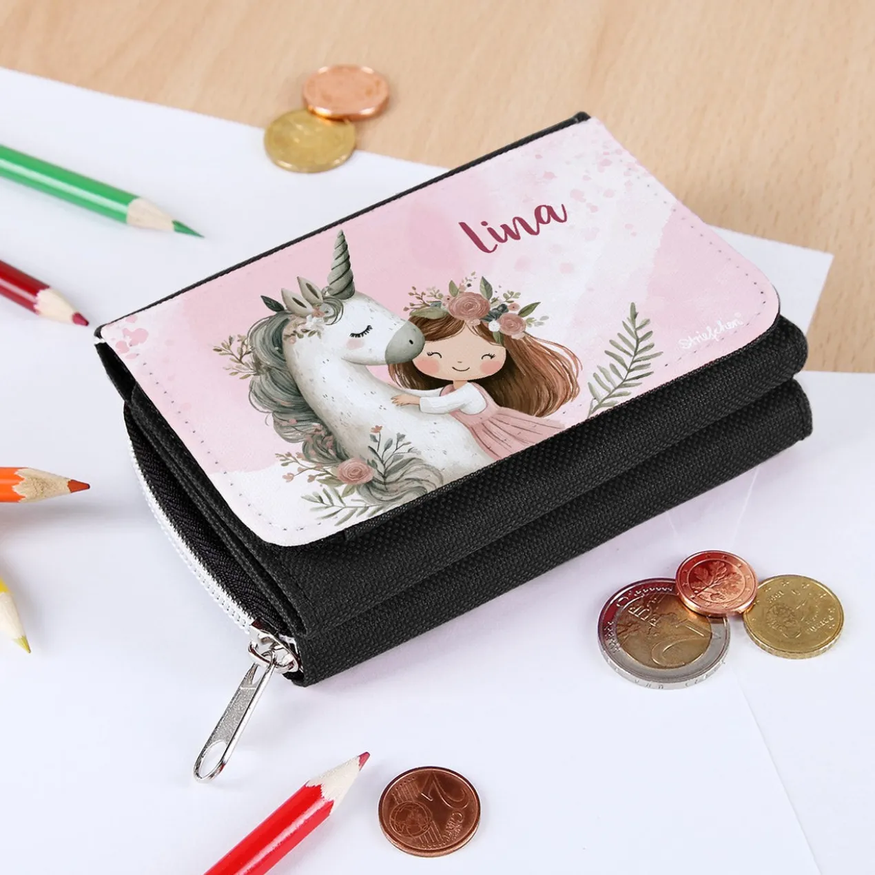 Geldbörse mit Einhorn & Blumenmädchen und Wunschname personalisiert