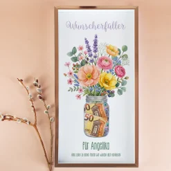 Geldgeschenk Bilderrahmen als Wunscherfüller mit Blumen & Wunschtext | Kreatives Geschenk für Geld
