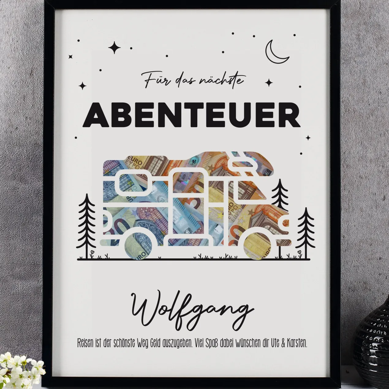Geldgeschenk Bilderrahmen mit personalisiertem Wunschtext für Abenteuer | Wohnmobil Motiv