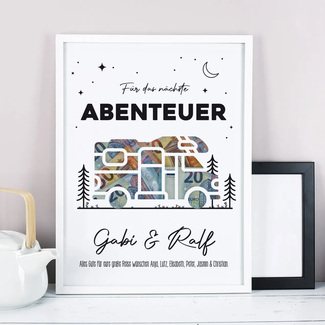 Geldgeschenk Bilderrahmen mit personalisiertem Wunschtext für Abenteuer | Wohnmobil Motiv