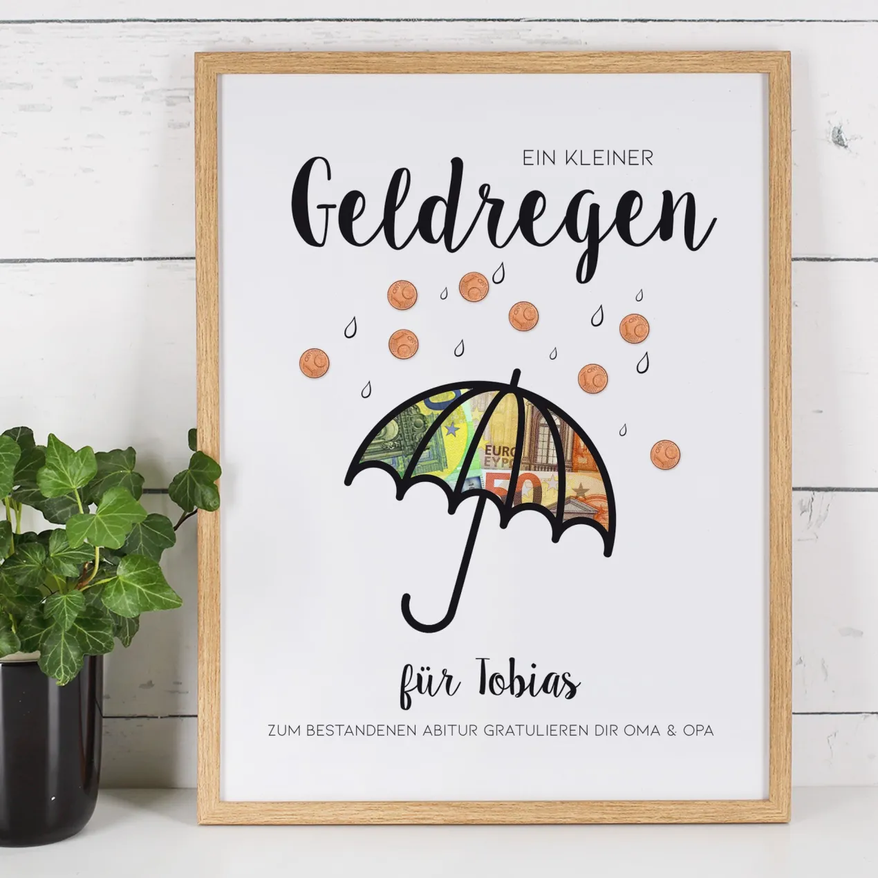 Geldgeschenk Bilderrahmen personalisierbar mit Text | Geldregen