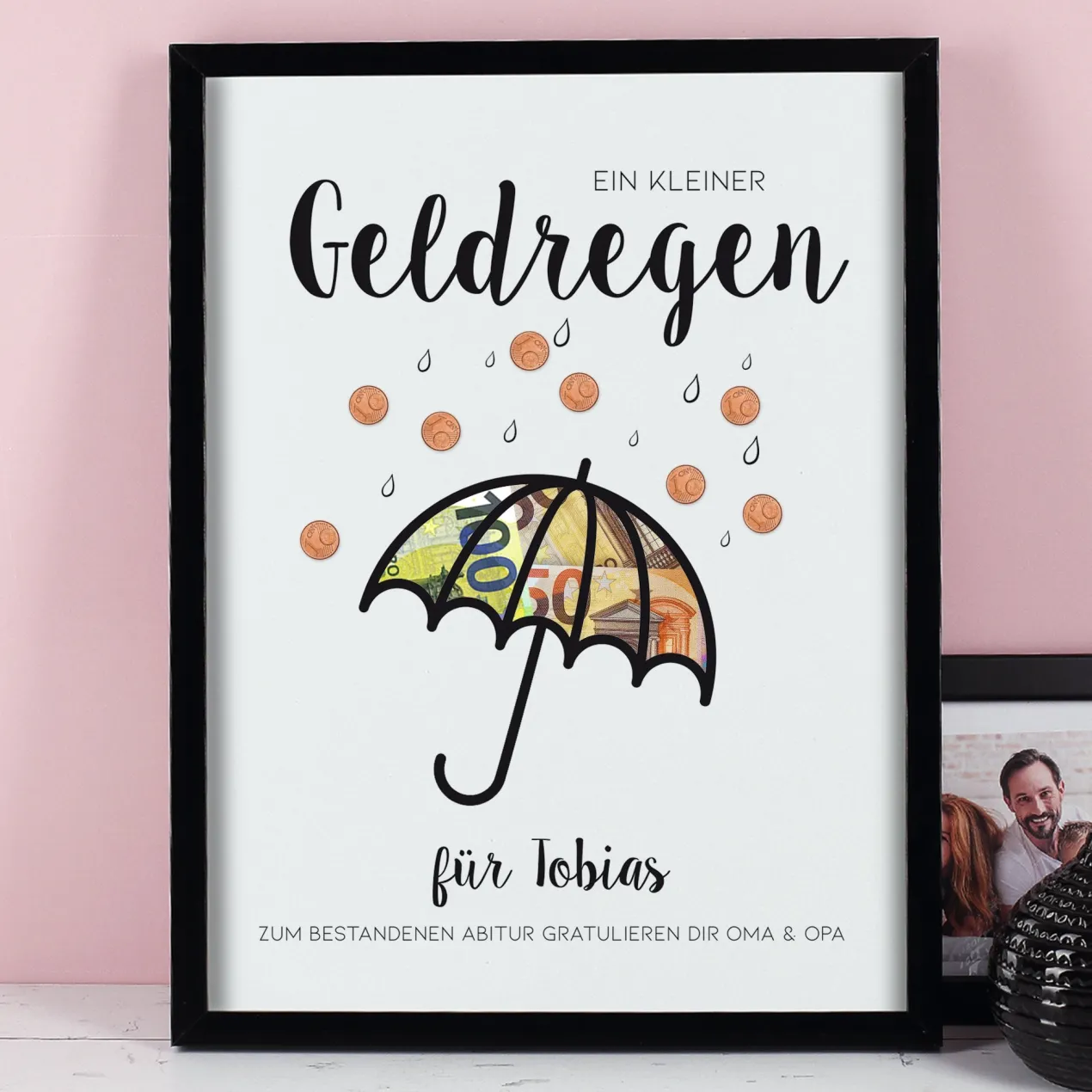 Geldgeschenk Bilderrahmen personalisierbar mit Text | Geldregen