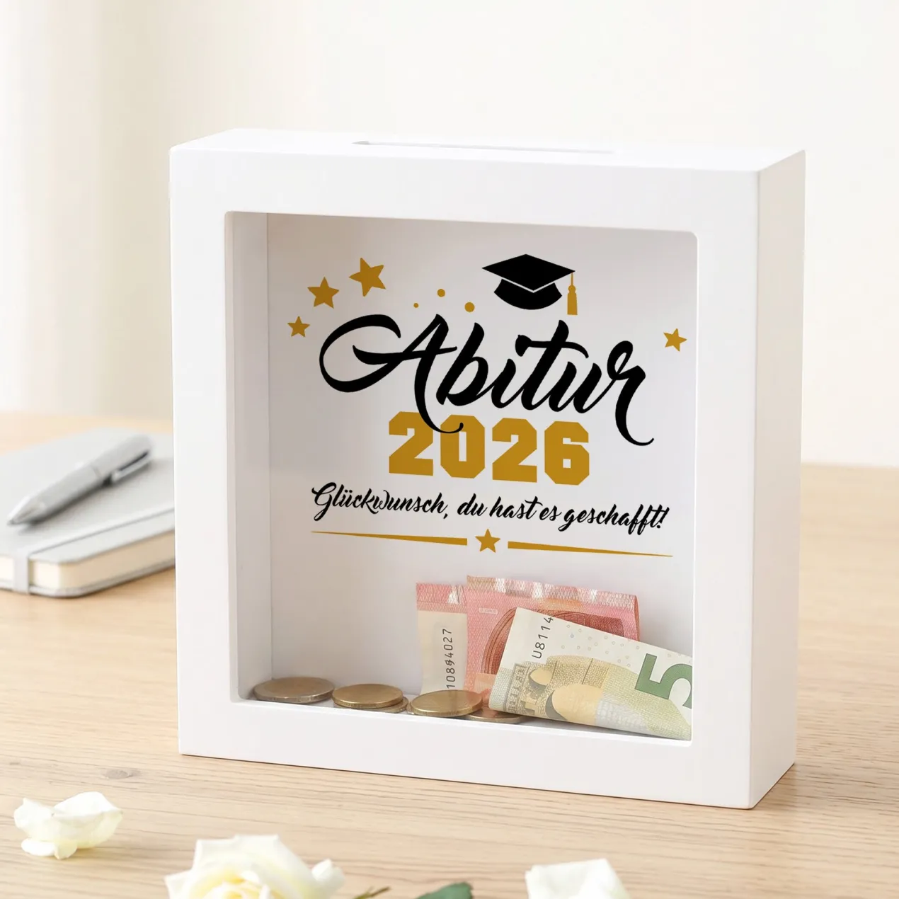 Geldgeschenk Bilderrahmen Spardose zu Schulabschluss, Abitur, Bachelor, Master & Ausbildung
