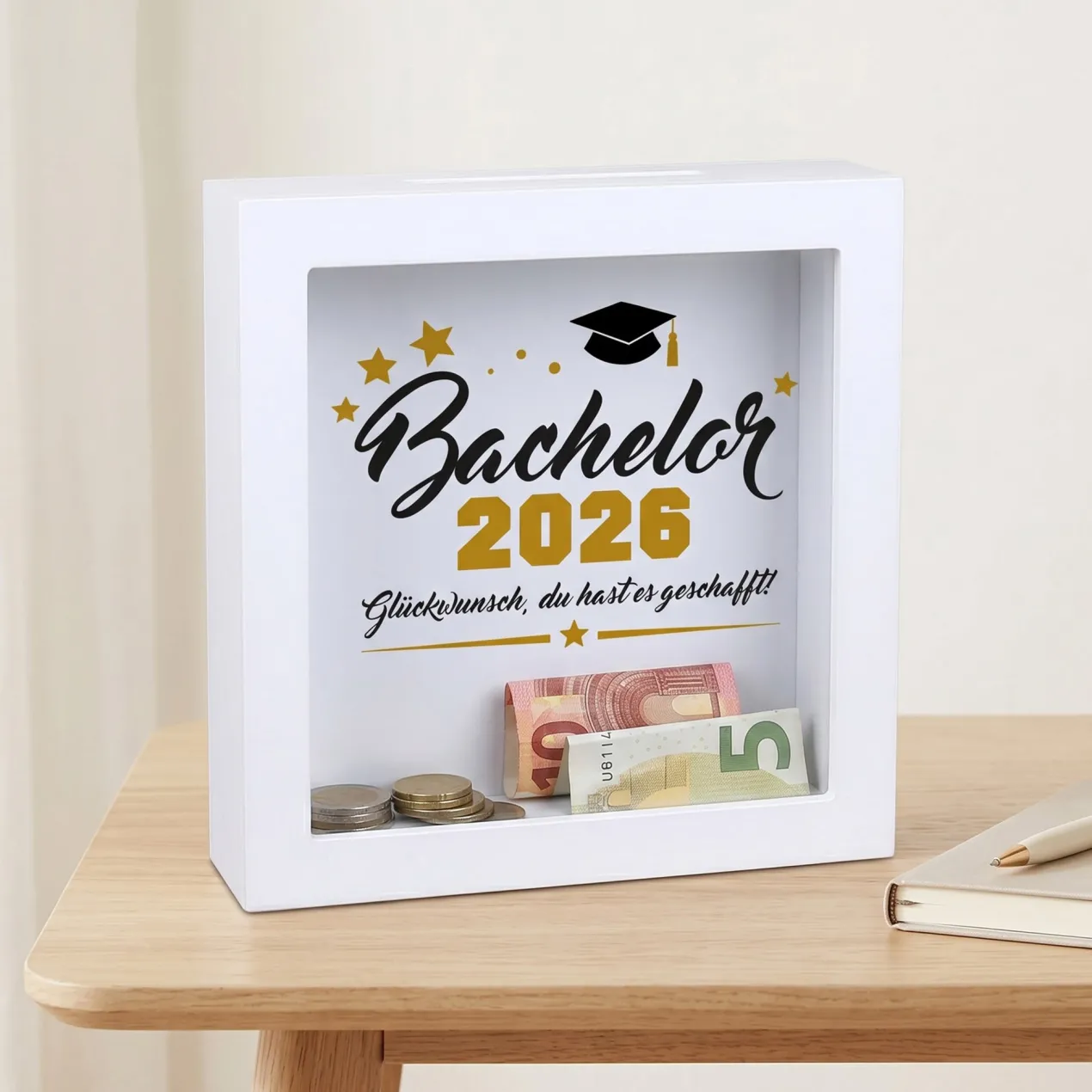 Geldgeschenk Bilderrahmen Spardose zu Schulabschluss, Abitur, Bachelor, Master & Ausbildung