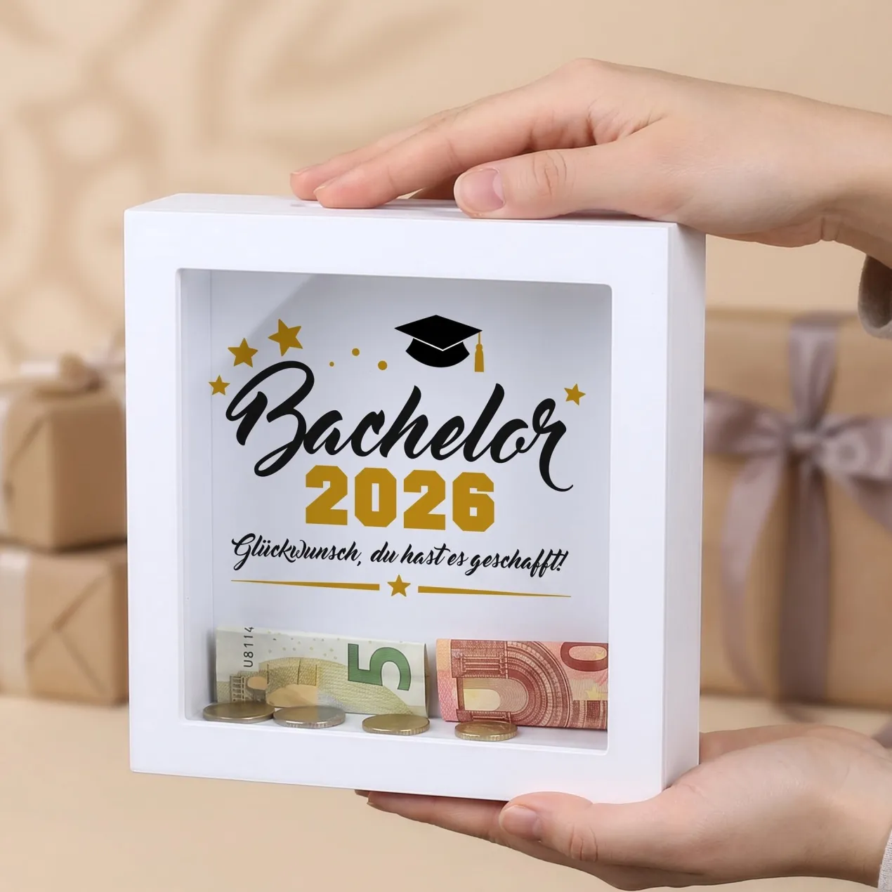 Geldgeschenk Bilderrahmen Spardose zu Schulabschluss, Abitur, Bachelor, Master & Ausbildung