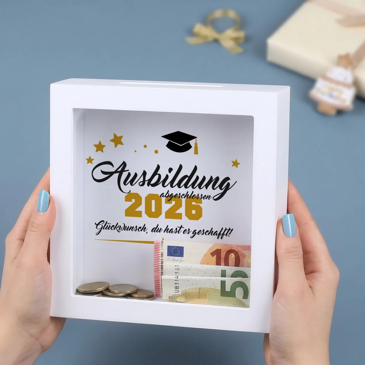 Geldgeschenk Bilderrahmen Spardose zu Schulabschluss, Abitur, Bachelor, Master & Ausbildung