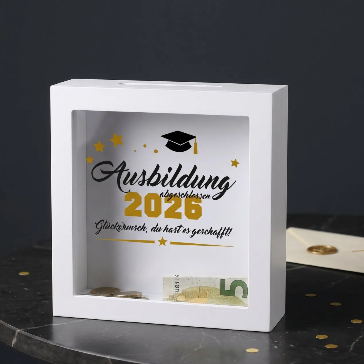 Geldgeschenk Bilderrahmen Spardose zu Schulabschluss, Abitur, Bachelor, Master & Ausbildung