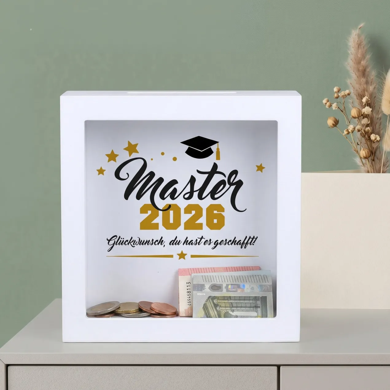 Geldgeschenk Bilderrahmen Spardose zu Schulabschluss, Abitur, Bachelor, Master & Ausbildung