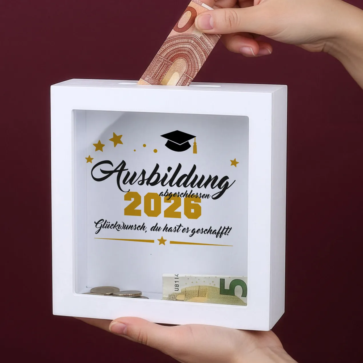Geldgeschenk Bilderrahmen Spardose zu Schulabschluss, Abitur, Bachelor, Master & Ausbildung
