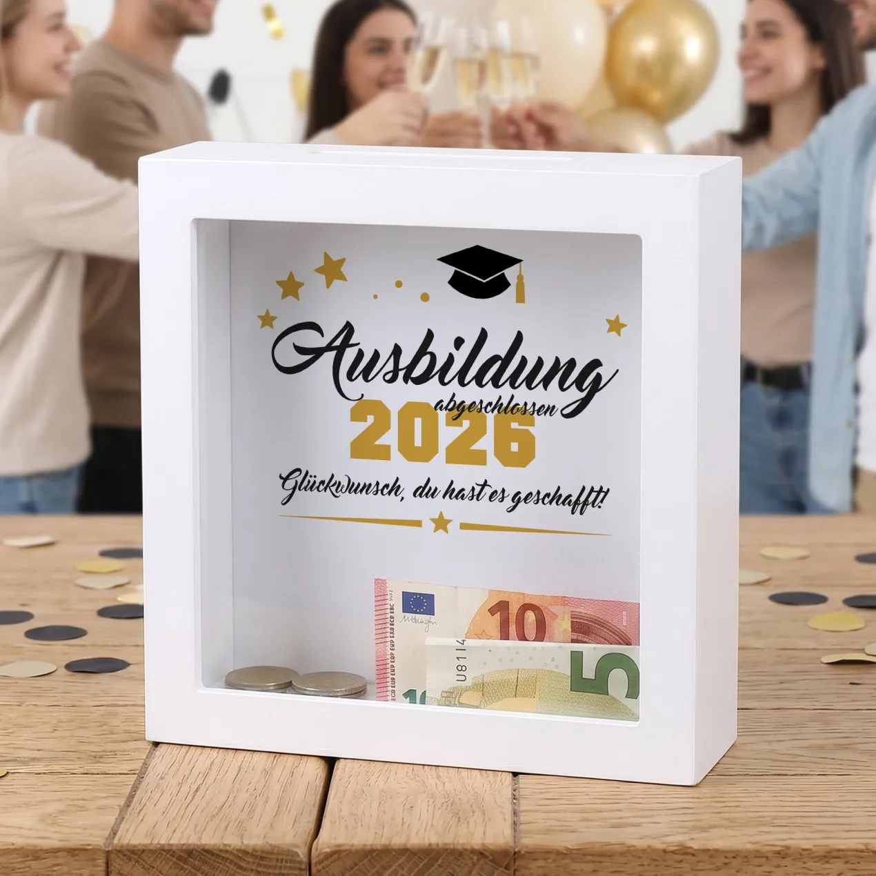 Geldgeschenk Bilderrahmen Spardose zu Schulabschluss, Abitur, Bachelor, Master & Ausbildung