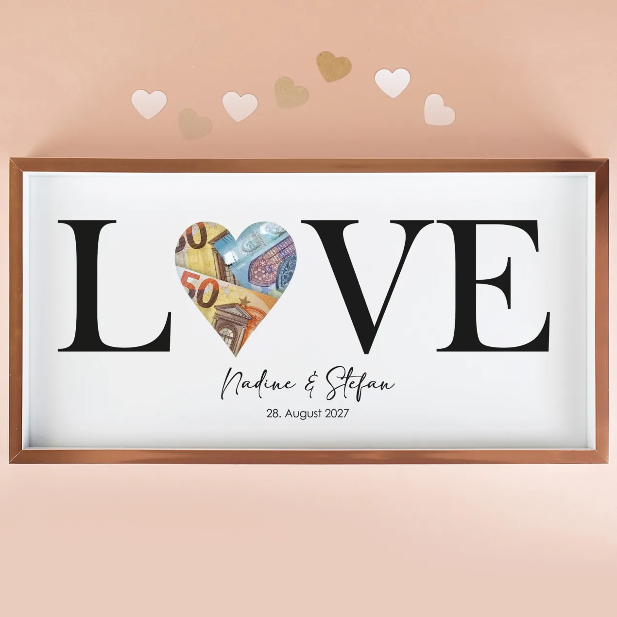 Geldgeschenk Bilderrahmen zur Hochzeit mit Namen & Datum personalisiert | LOVE Motiv mit Herz