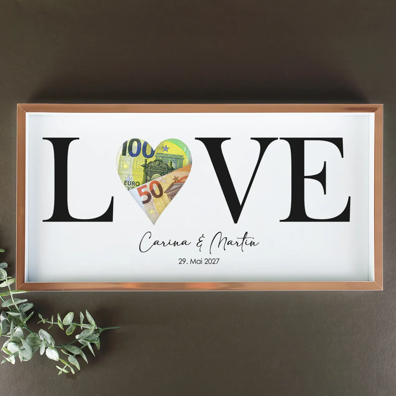 Geldgeschenk Bilderrahmen zur Hochzeit mit Namen & Datum personalisiert | LOVE Motiv mit Herz