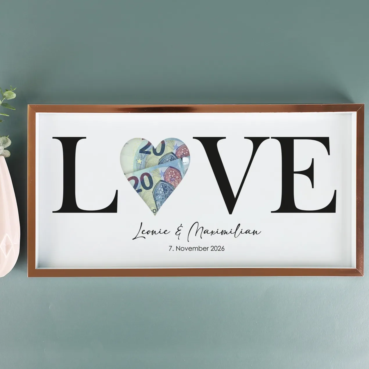 Geldgeschenk Bilderrahmen zur Hochzeit mit Namen & Datum personalisiert | LOVE Motiv mit Herz