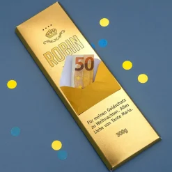 Geldgeschenk 300g Schokolade in Goldbarren-Optik mit Umschlag und Wunschtext