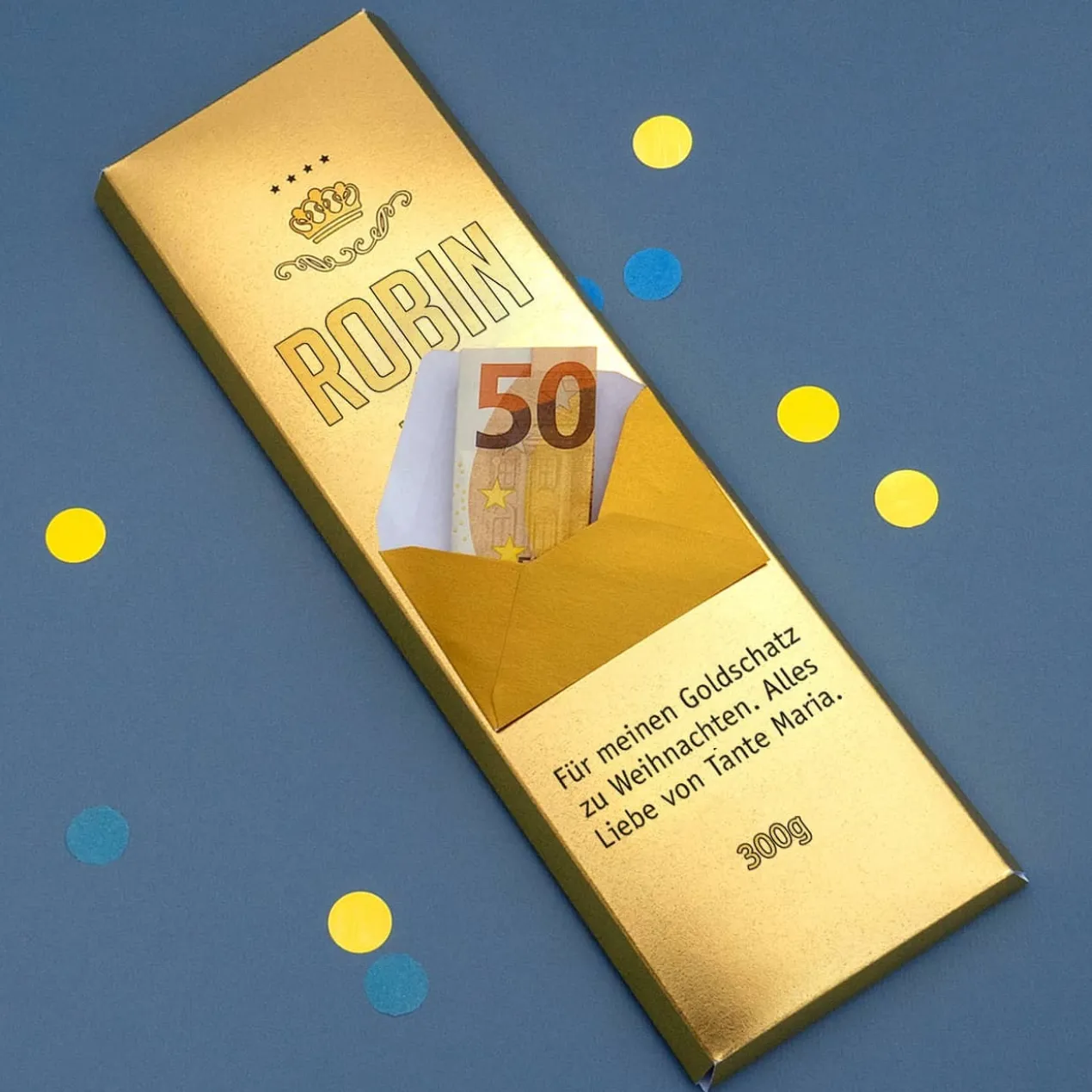 Geldgeschenk 300g Schokolade in Goldbarren-Optik mit Umschlag und Wunschtext
