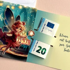 Geldgeschenk-Karte für magische Glückwünsche mit Fee & Wunschtext