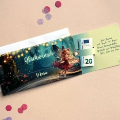 Geldgeschenk-Karte für magische Glückwünsche mit Fee & Wunschtext