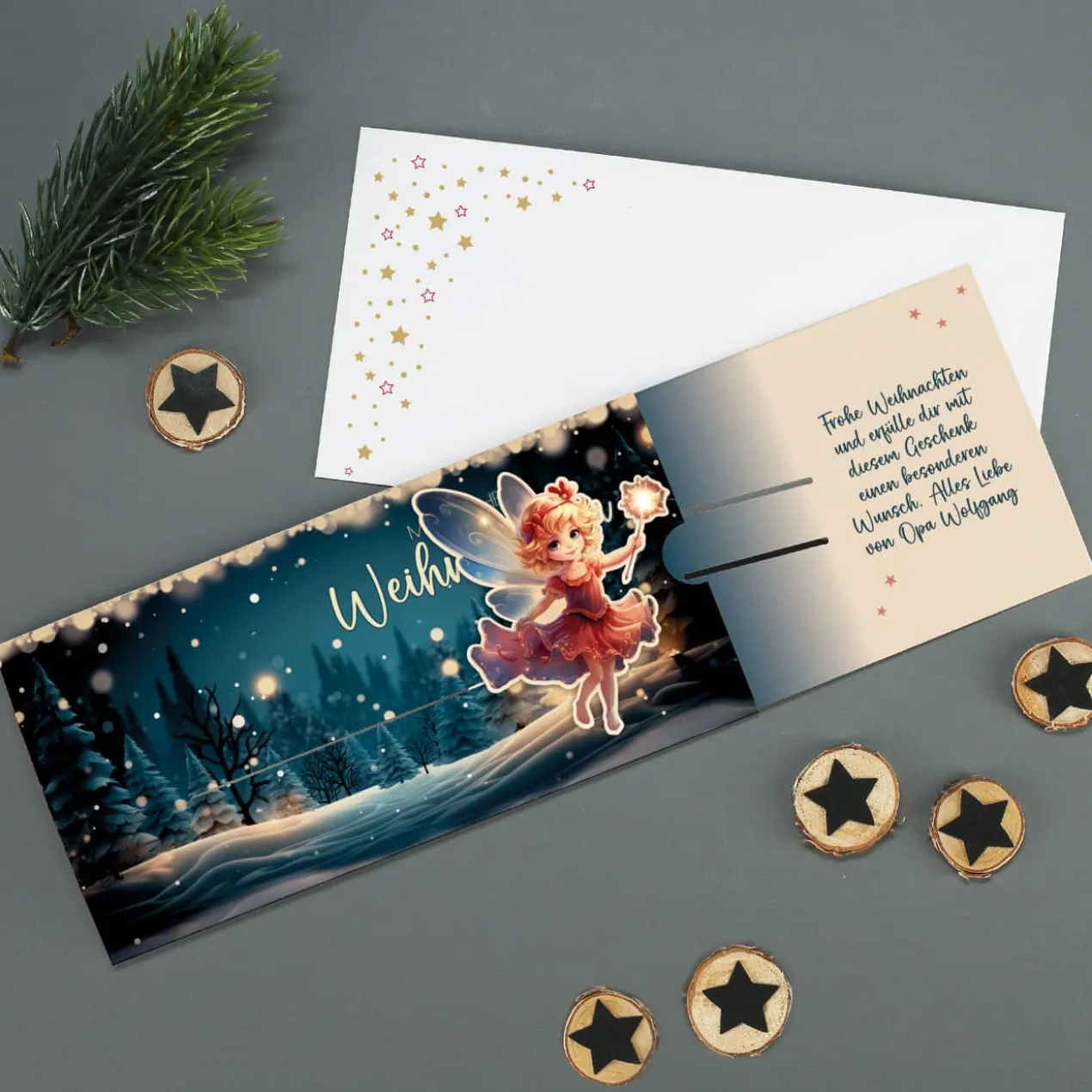 Geldgeschenk - Karte Magische Weihnachten mit kleiner Fee & Wunschtext