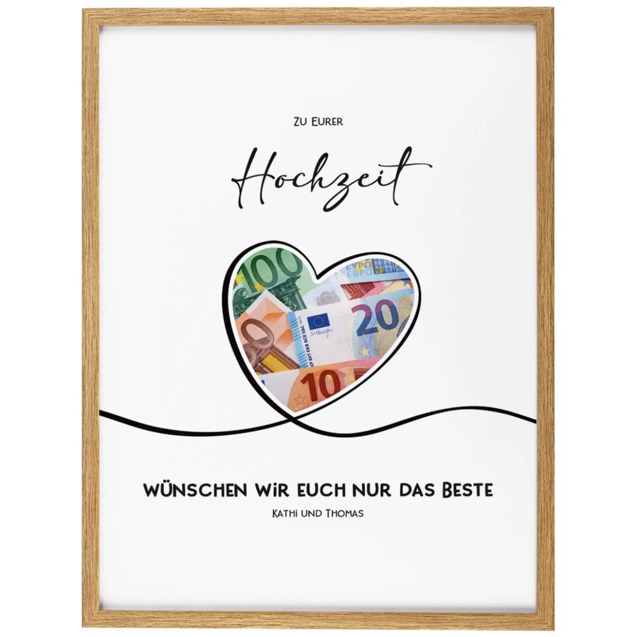 Geldgeschenk von Herzen - Bilderrahmen mit 4 Zeilen Wunschtext, 30x40cm