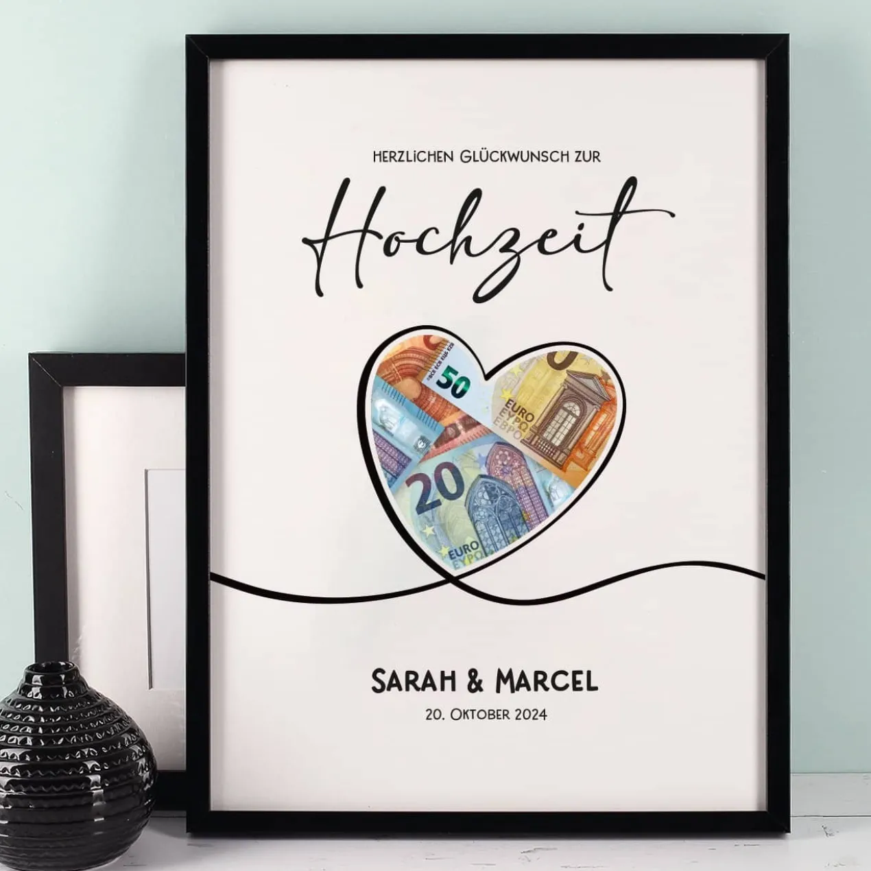 Geldgeschenk von Herzen - Bilderrahmen mit 4 Zeilen Wunschtext, 30x40cm