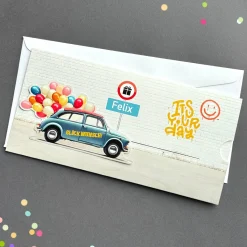 Geldgeschenk-Ziehkarte mit Auto & Luftballons