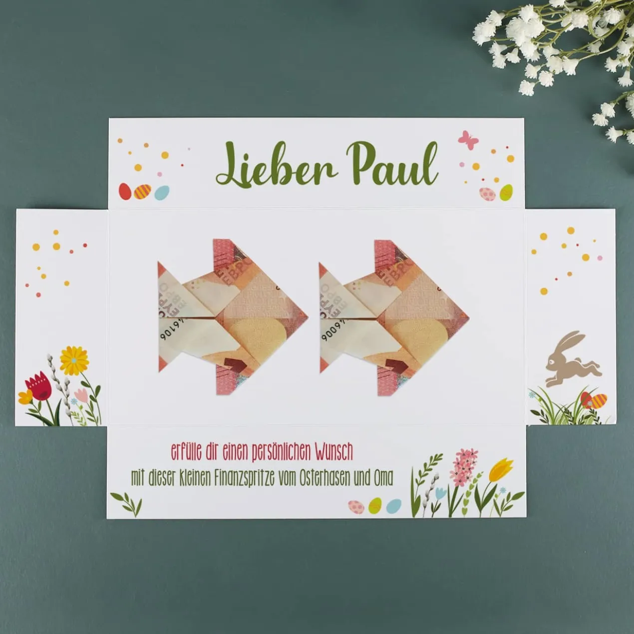 Geldgeschenk zu Ostern, Überraschungsbox mit Name und Text