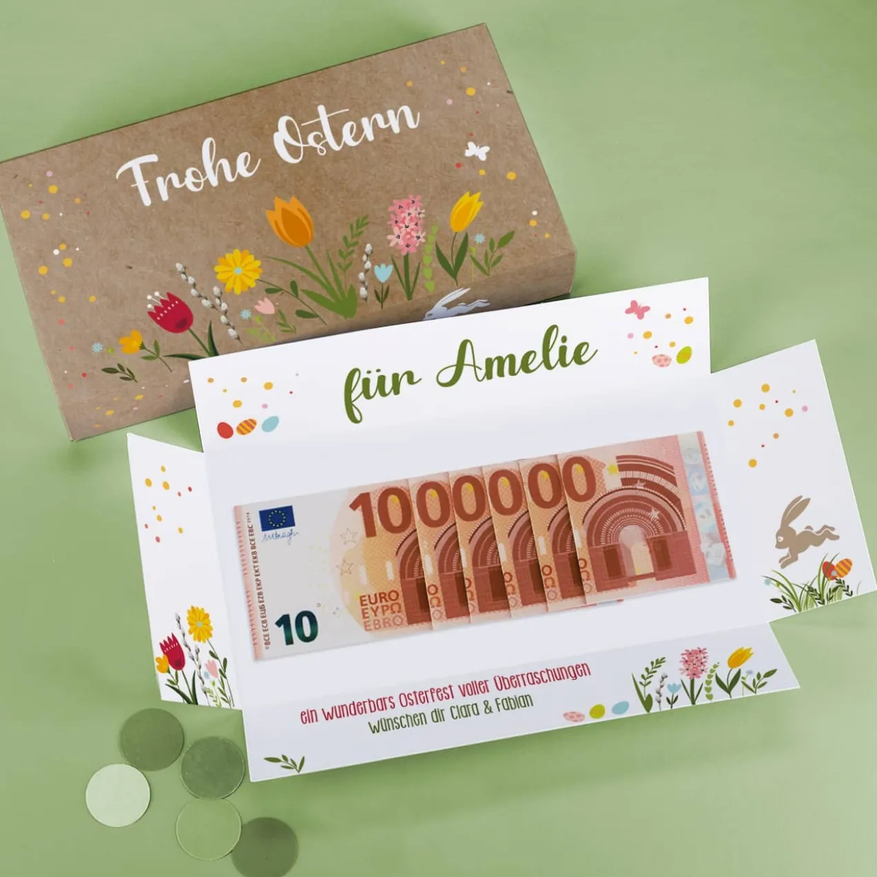 Geldgeschenk zu Ostern, Überraschungsbox mit Name und Text