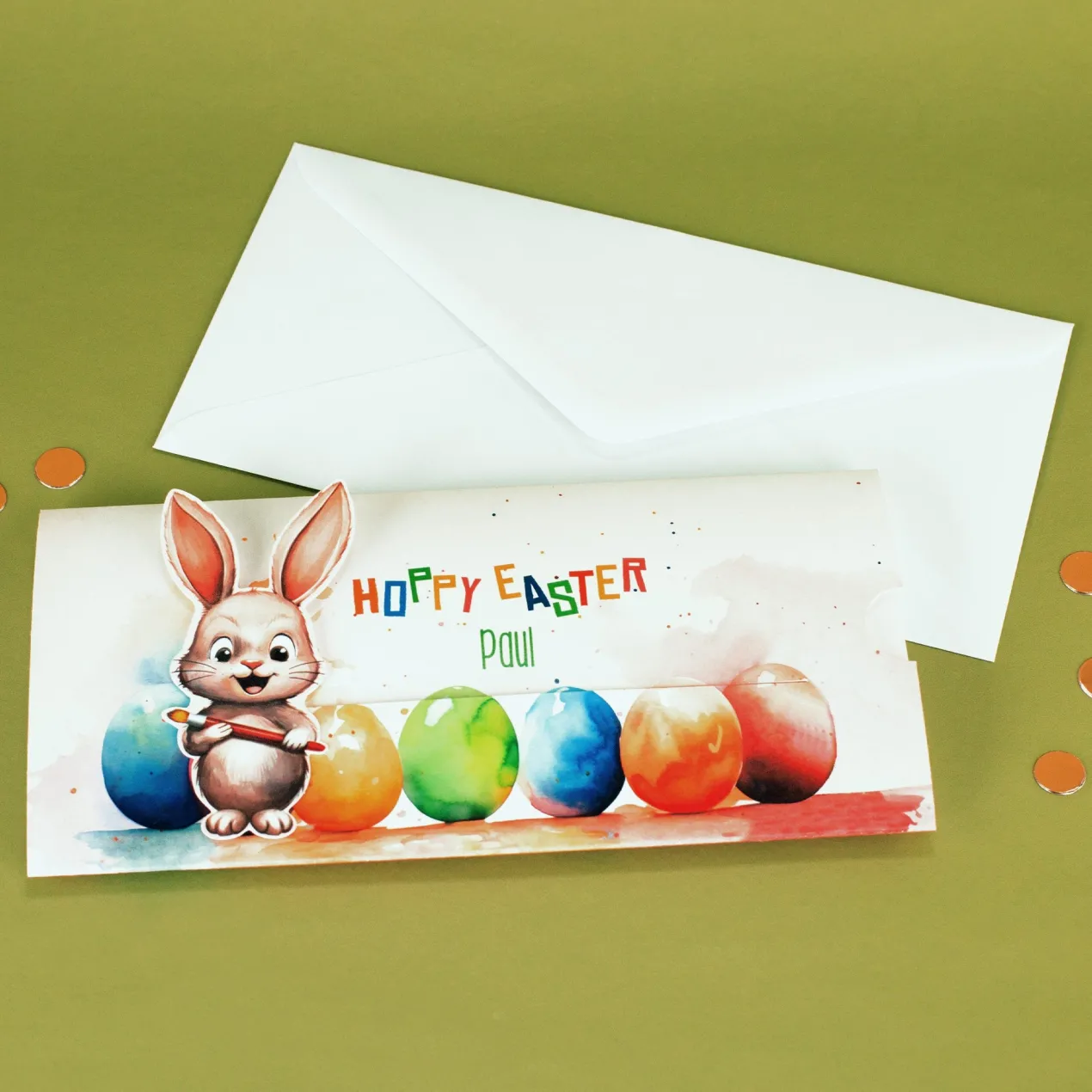 Geldgeschenk zu Ostern - Ziehkarte mit niedlichem Hasen und Ihrem Text