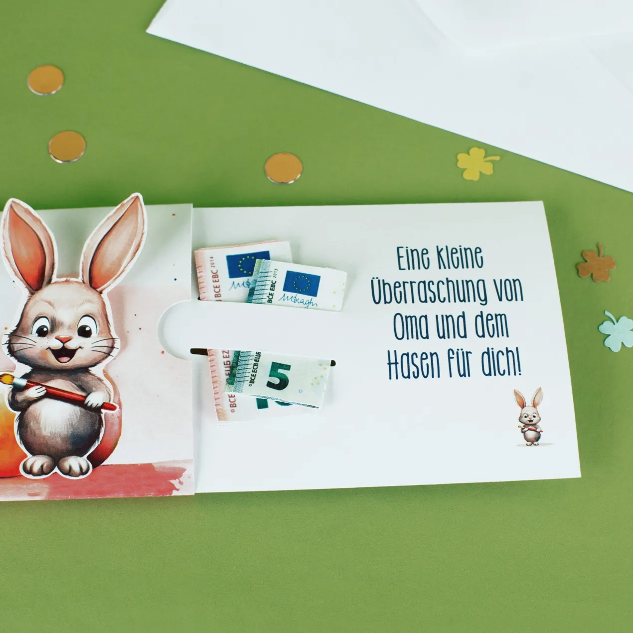 Geldgeschenk zu Ostern - Ziehkarte mit niedlichem Hasen und Ihrem Text