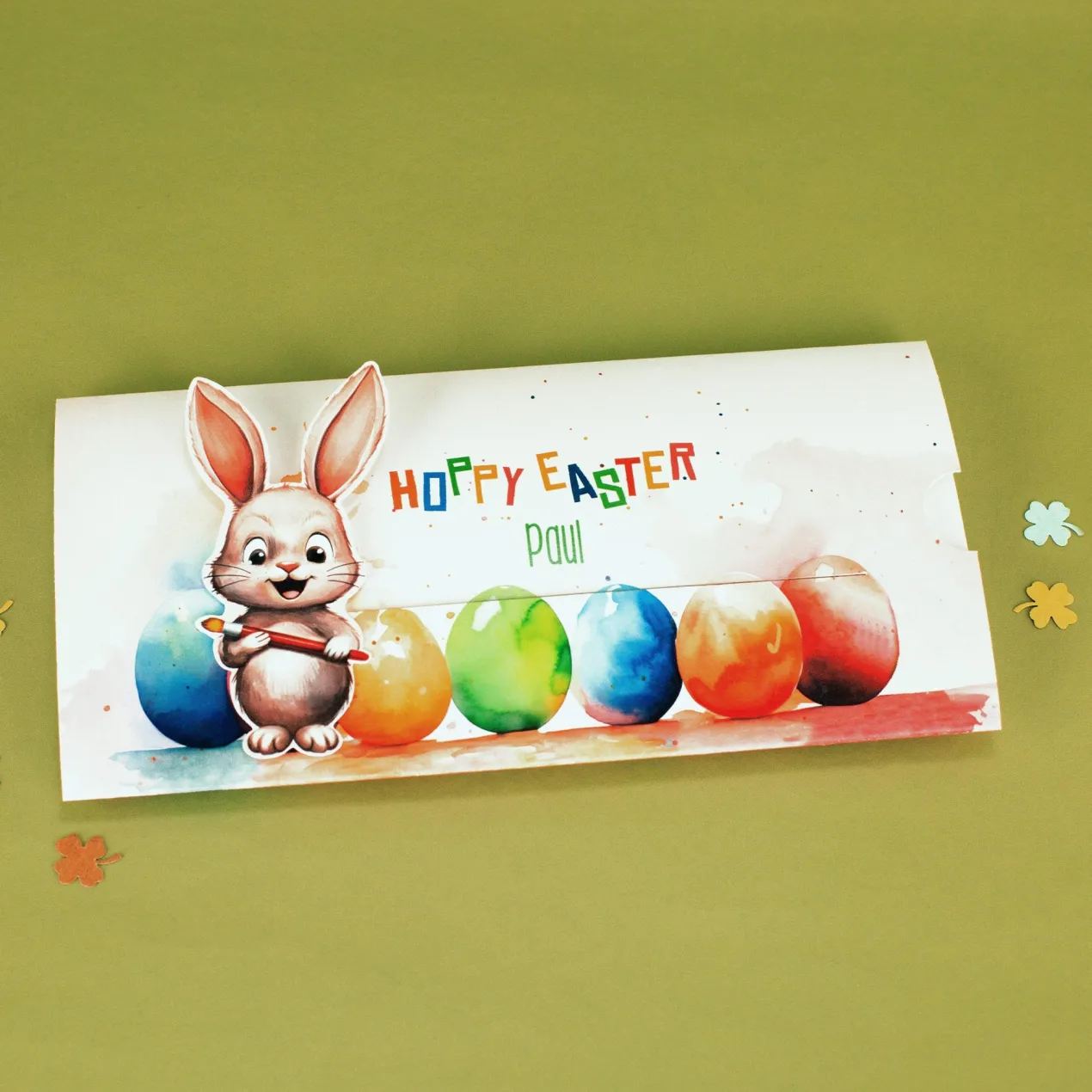 Geldgeschenk zu Ostern - Ziehkarte mit niedlichem Hasen und Ihrem Text