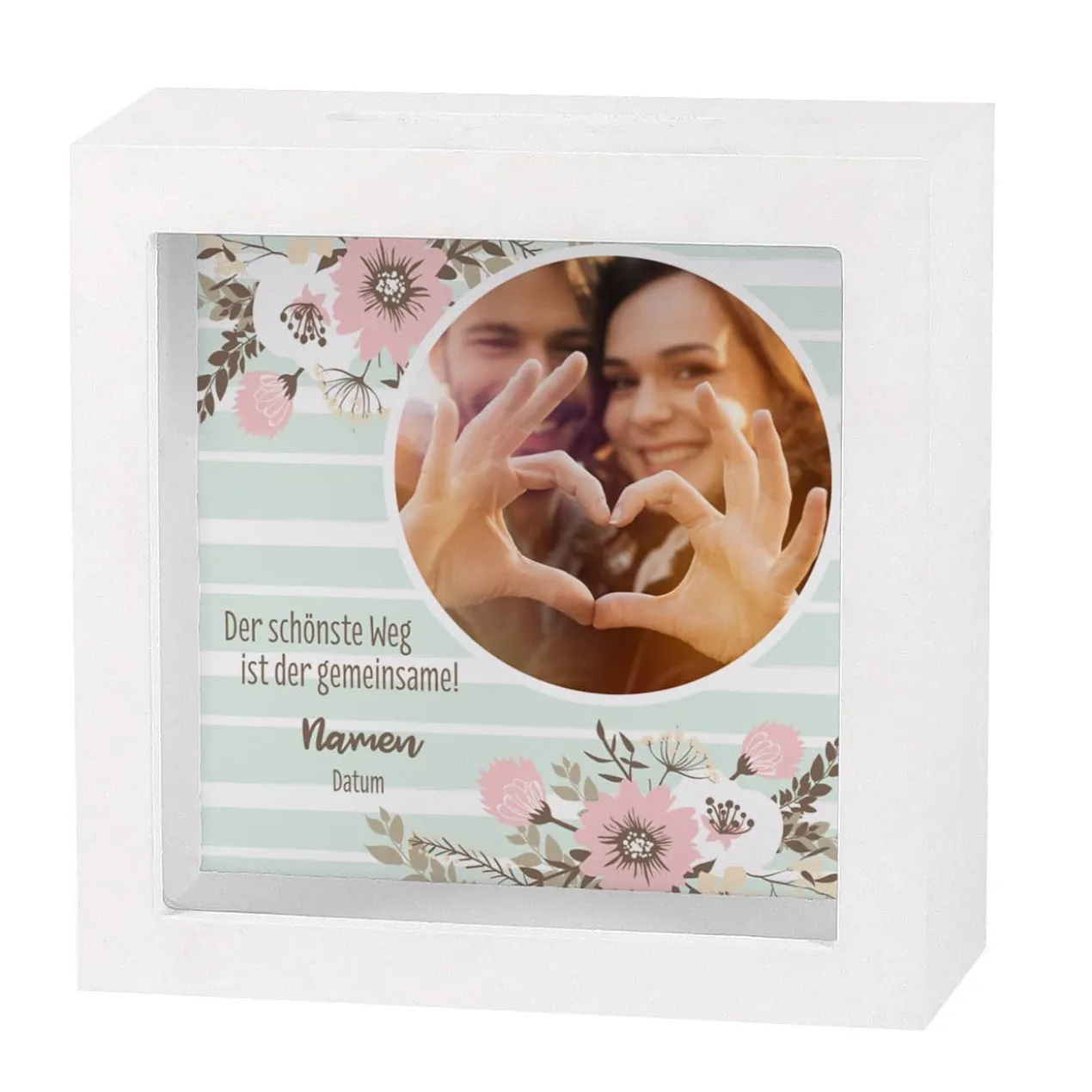 Geldgeschenk zur Hochzeit - Bilderrahmen Spardose mit Foto, Namen und Datum