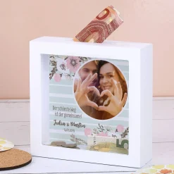 Geldgeschenk zur Hochzeit - Bilderrahmen Spardose mit Foto, Namen und Datum