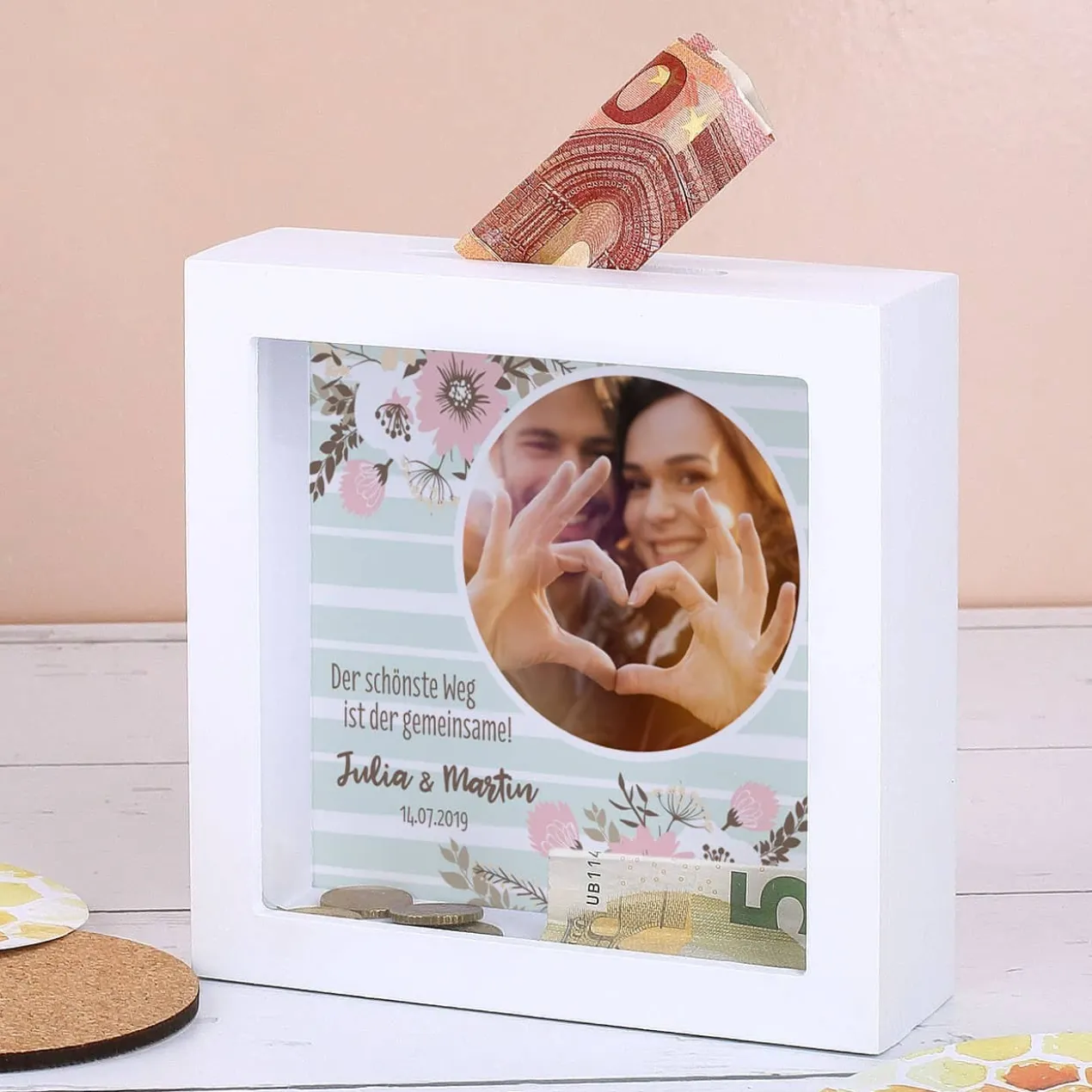 Geldgeschenk zur Hochzeit - Bilderrahmen Spardose mit Foto, Namen und Datum
