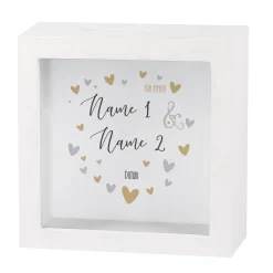 Geldgeschenk zur Hochzeit - Bilderrahmen Spardose mit Herzen, Namen und Datum