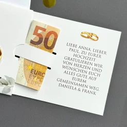 Geldgeschenk zur Hochzeit - Ziehkarte mit Ringen und Ihrem Text