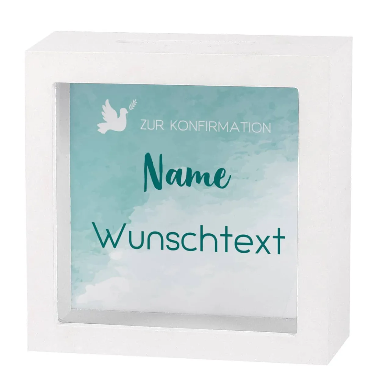 Geldgeschenk zur Konfirmation - Bilderrahmen-Spardose in türkis